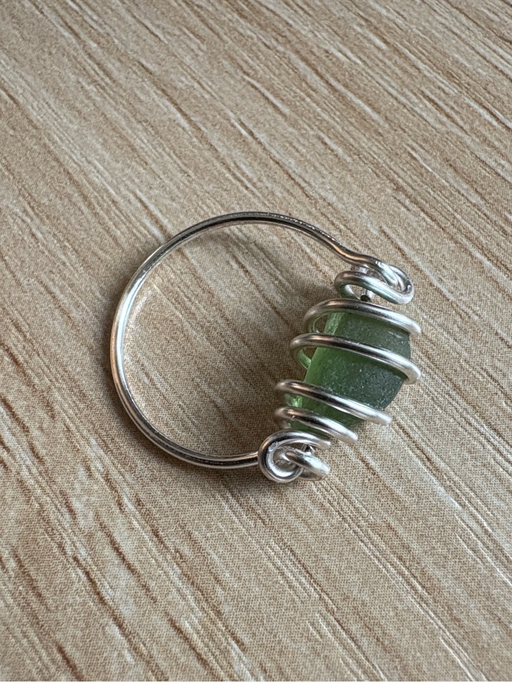 Artisan Hand Crafted Silver Plated Wire Wrapped Green Sea Glass Ring - Size 5.5